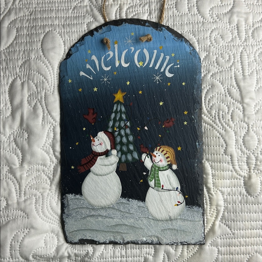 Handmade Homemade Vintage Christmas painted slate Festive Snowman Welcome Sign